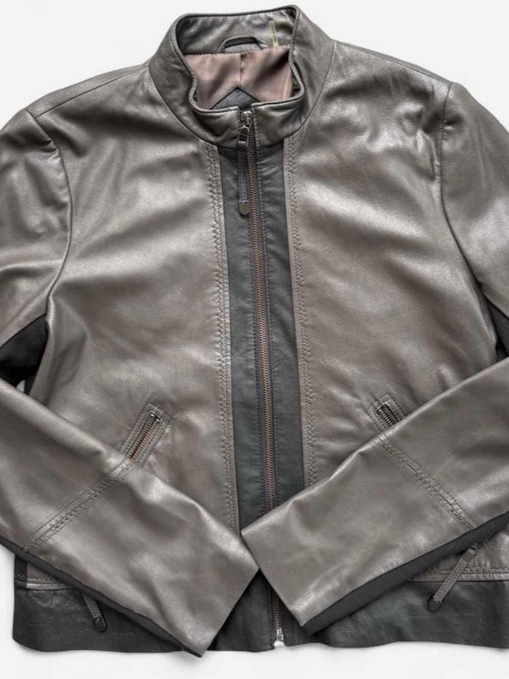 Via Spiga Lamb Leather Brown and Black Moto Bomber Jacket